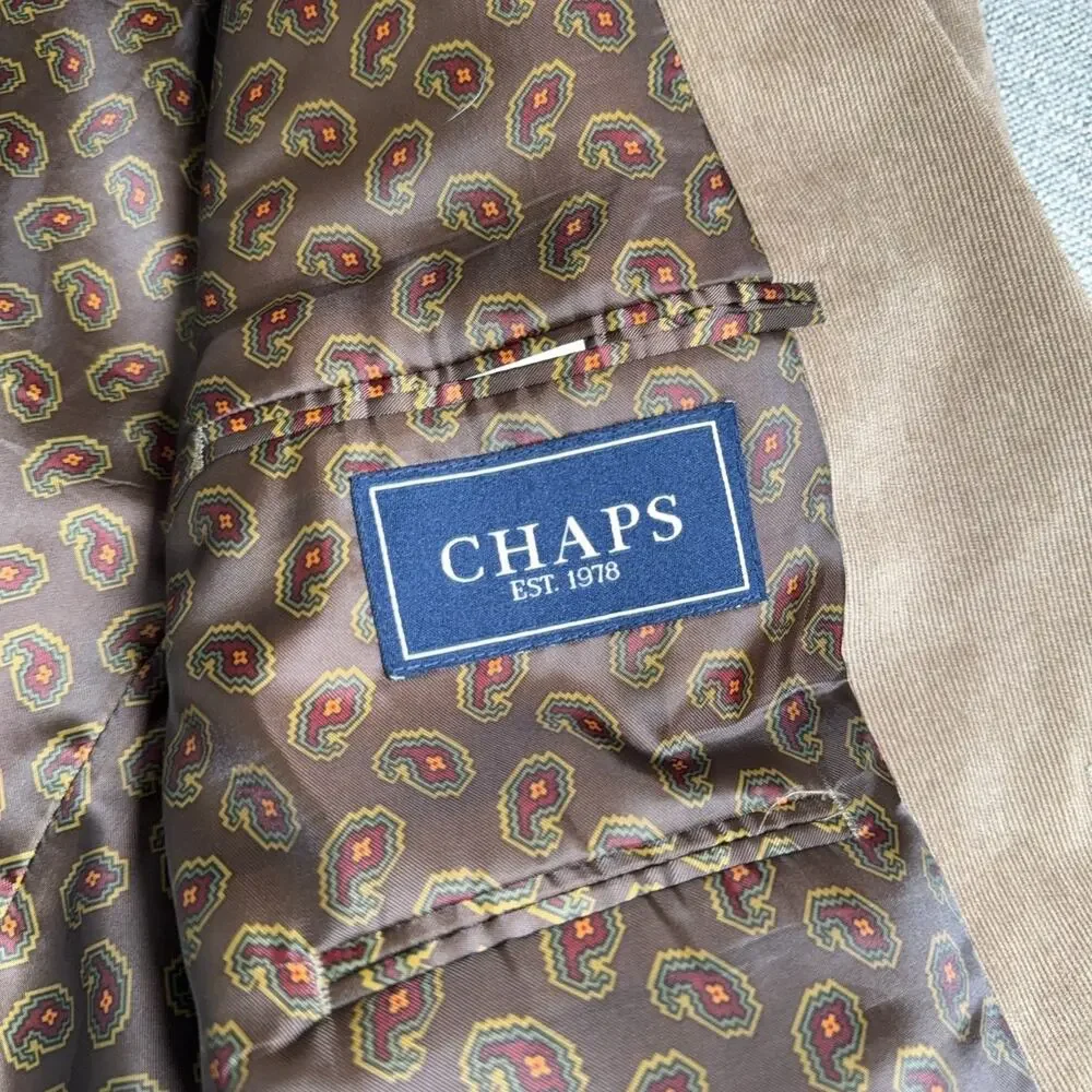Chaps Mens 50R Tan Corduroy Blazer Sport Coat Paisley Lined 2 Button